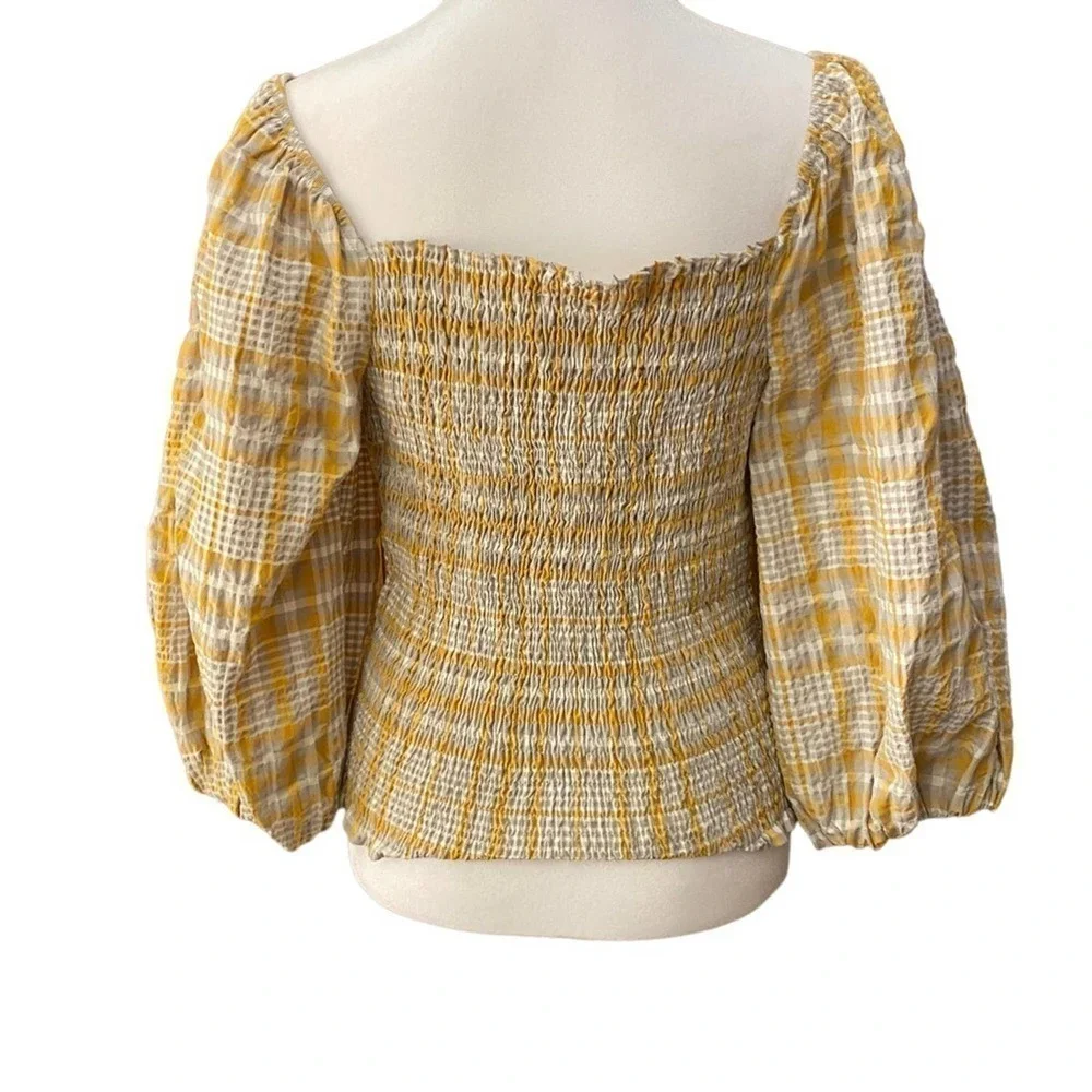Anthropologie Maeve Plaid Print Square-Neck Blouse Puff Sleeves Cream Yellow Top